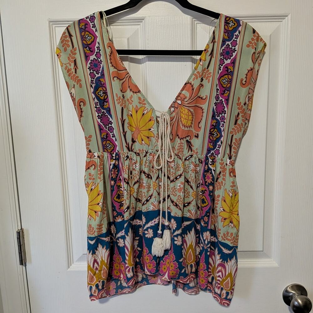 Zara Trafaluc Mixed Scarf Print Tassel V Neck Boho Tunica Top Blouse Small S